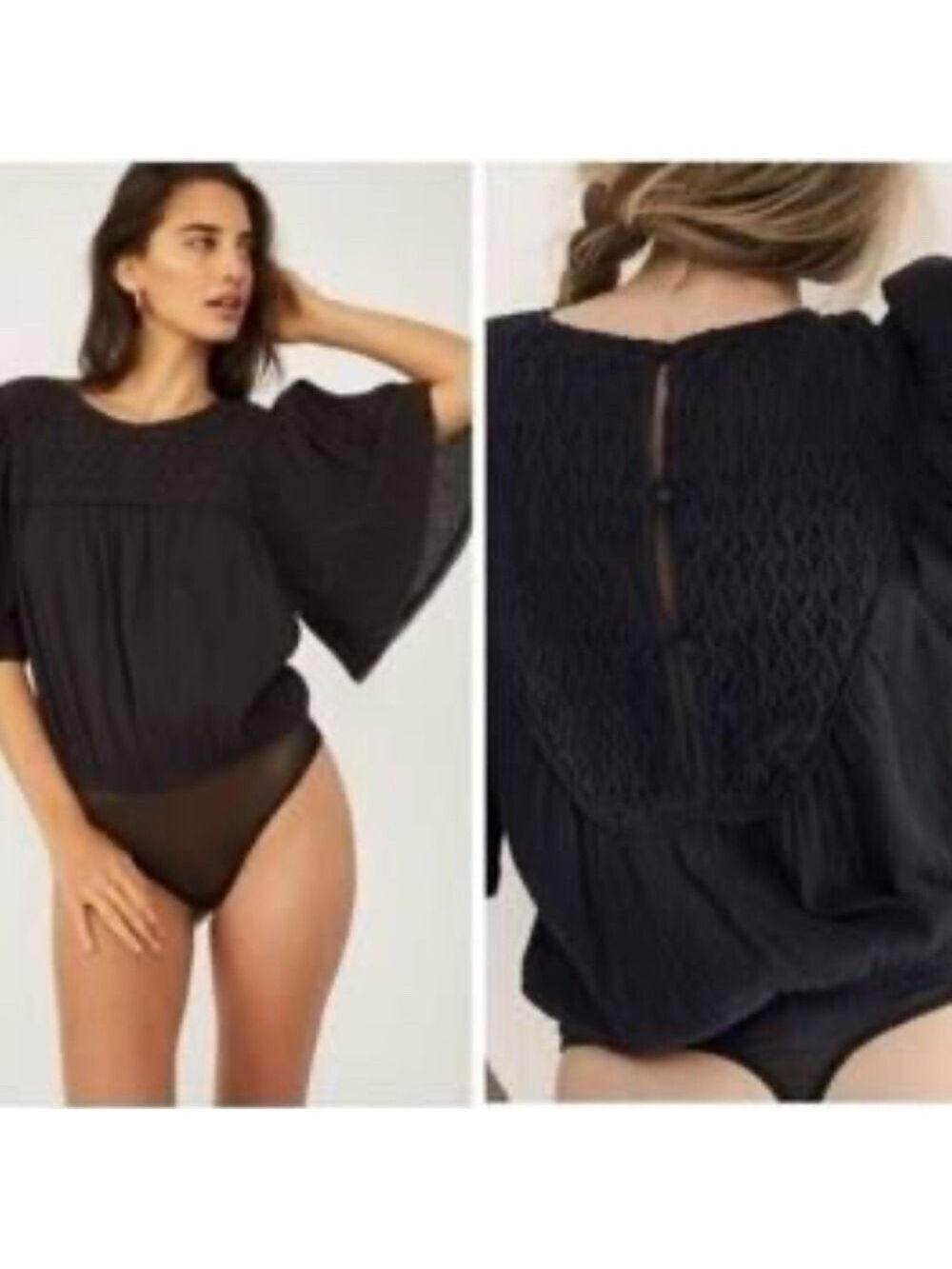 Free People Solstice Textured boho flutter sleeve Black bodysuit XS